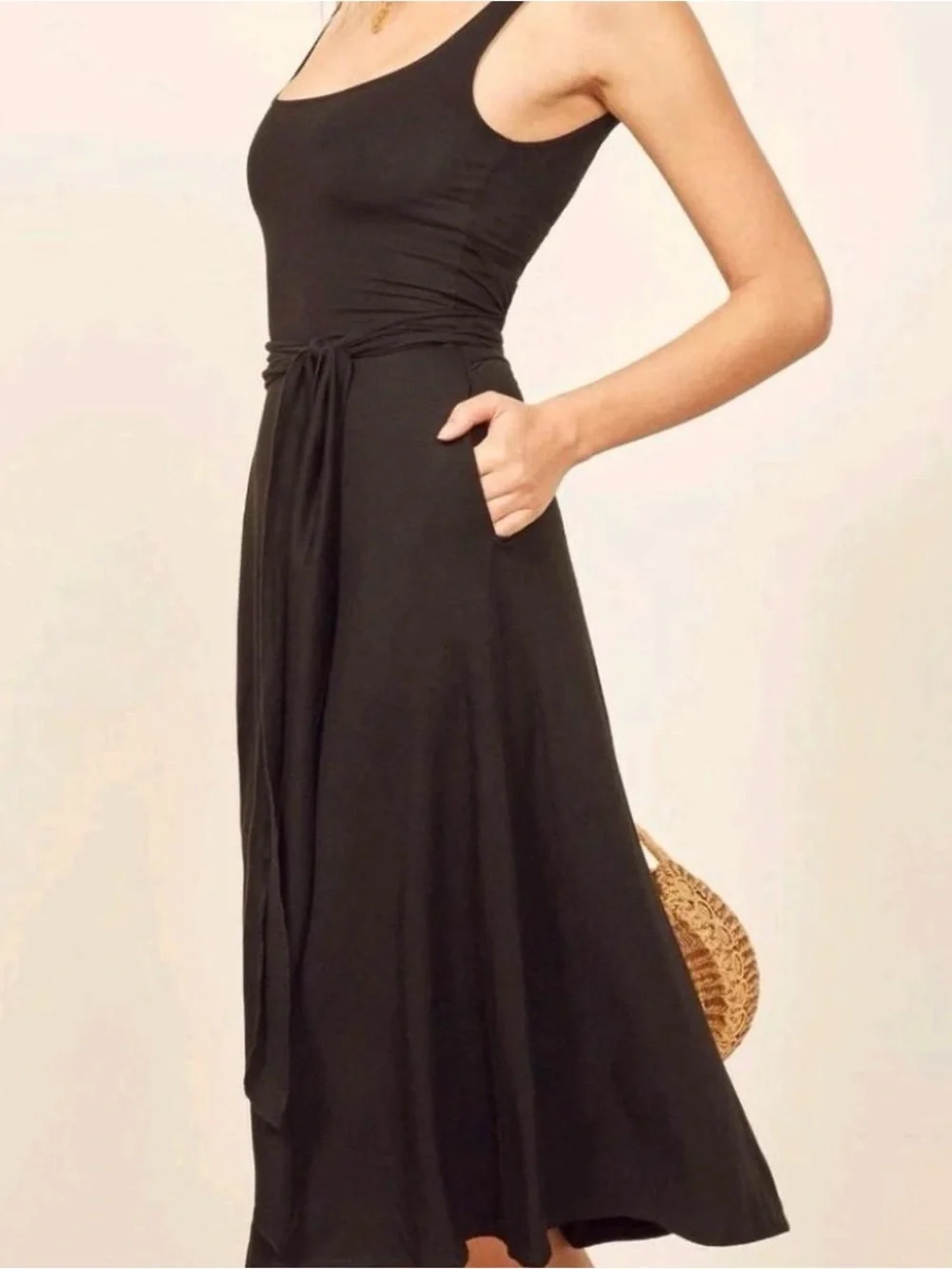 Reformation Jeans Black August Midi Dress w/ Tie - Medium - Excellent Condition - Picture 6 of 16